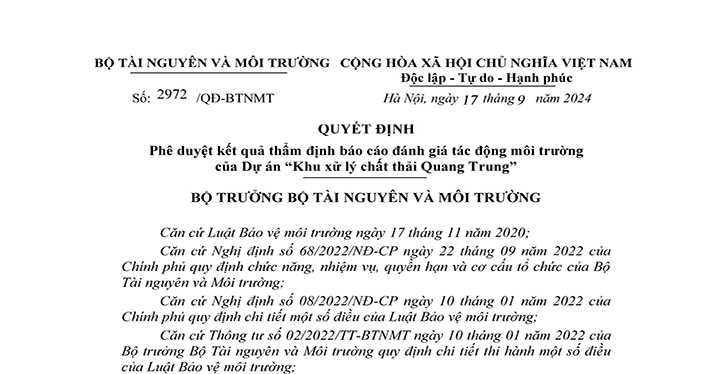 Công khai thông tin môi trường – Quyết định phê duyệt kết quả thẩm định báo cáo ĐTM Dự án “Khu xử lý chất thải Quang Trung”